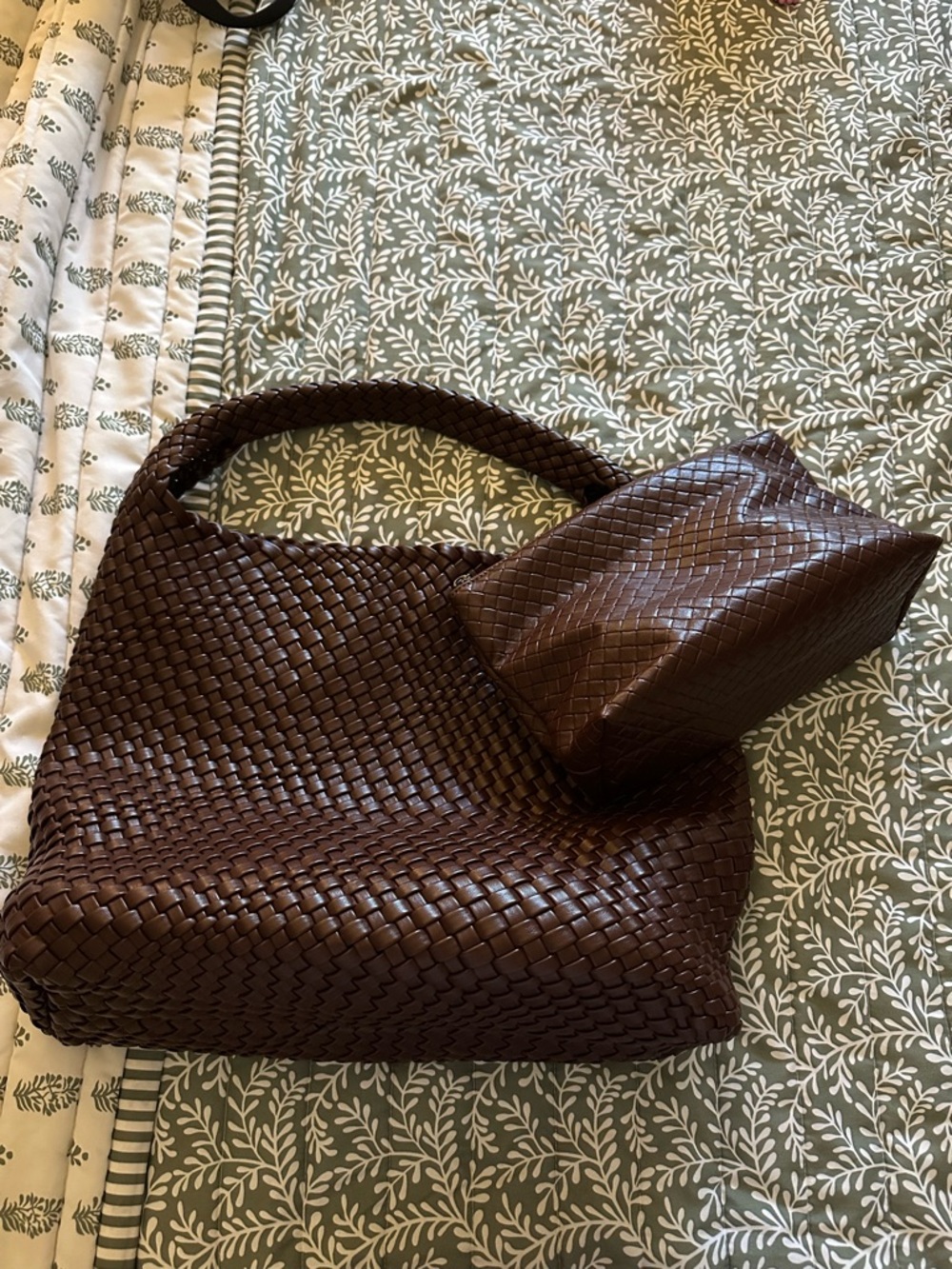 Woven Leather Tote Bag in Dark Brown
